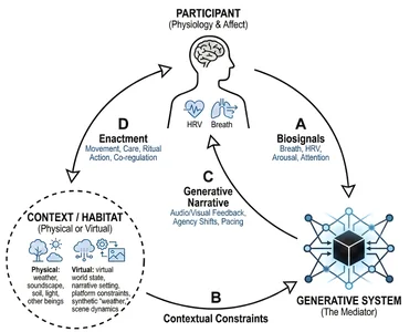 Loop diagram. A participant’s biosignals feed a generative system, which answers with narrative, shaped by a physical or virtual habitat.