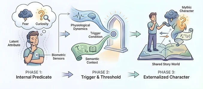 Three phases. An internal state read by biometric sensors crosses a trigger threshold and becomes a mythic character in a shared story world.
